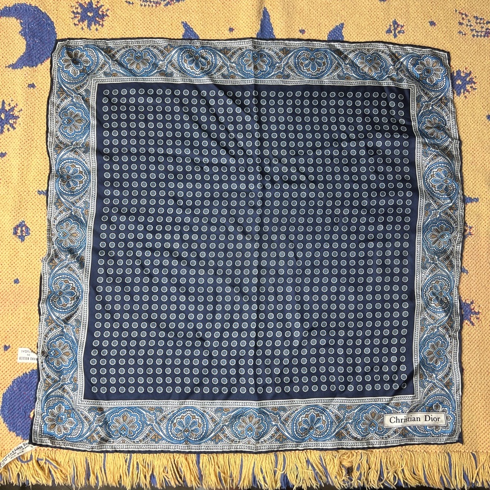 Christian Dior Navy Blue and Cream Patterned Silk Scarf - Picture 2 of 8